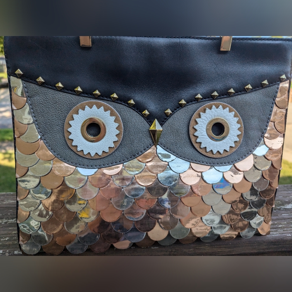 Kate Spade Owl Leather Shoulder Bag Black Gold Copper Silver Feathers GUC RARE - Picture 2 of 15